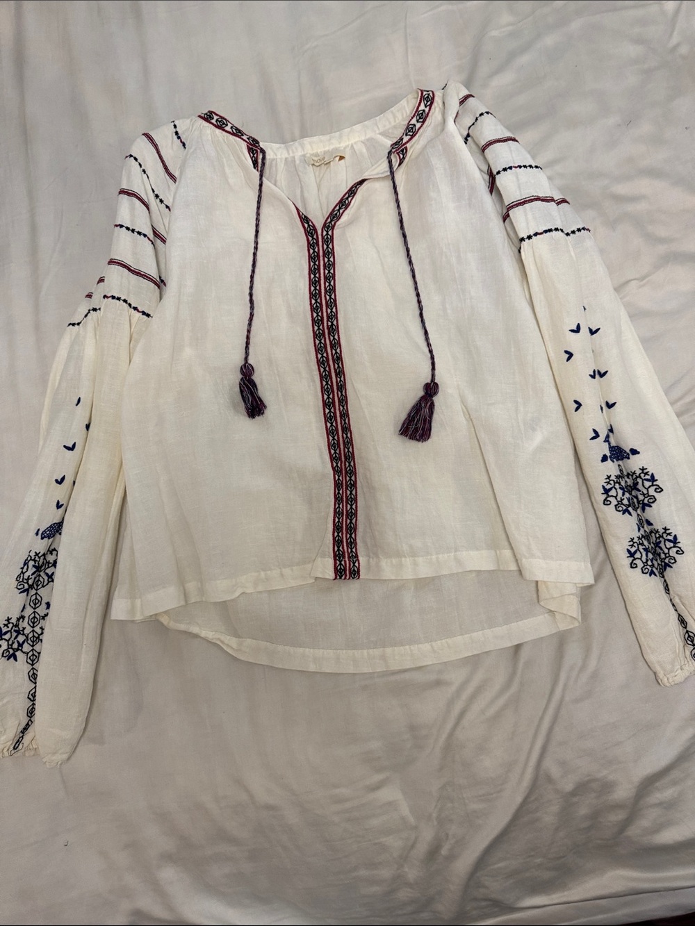 Maje White Peasant Blouse with Navy and Burgundy Embroidery